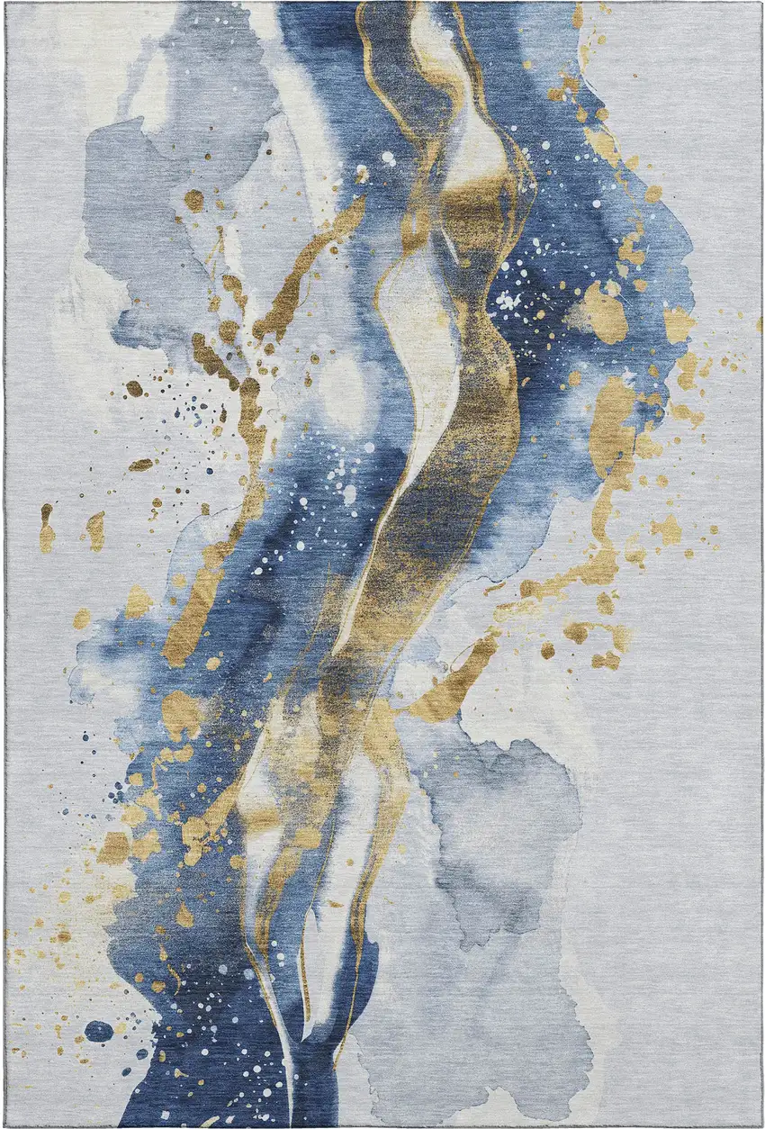 Blue Gold And Ivory Abstract Washable Area Rug With UV Protection Photo 4