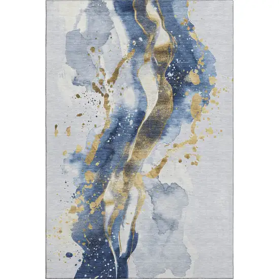 Blue Gold And Ivory Abstract Washable Area Rug With UV Protection Photo 5