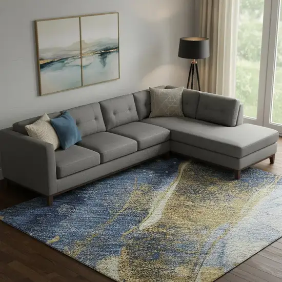 Blue Gold And Ivory Abstract Washable Area Rug With UV Protection Photo 2