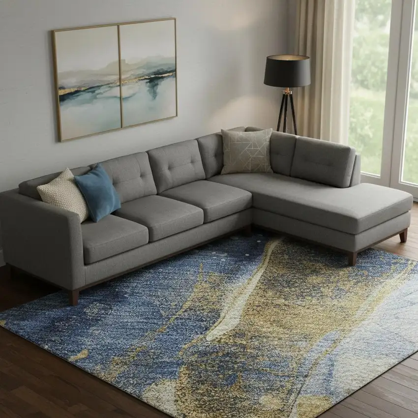 Blue Gold And Ivory Abstract Washable Area Rug With UV Protection Photo 2