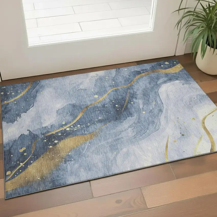 Blue Gold And Ivory Abstract Washable Area Rug With UV Protection Photo 2