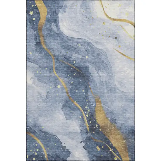 Blue Gold And Ivory Abstract Washable Area Rug With UV Protection Photo 1