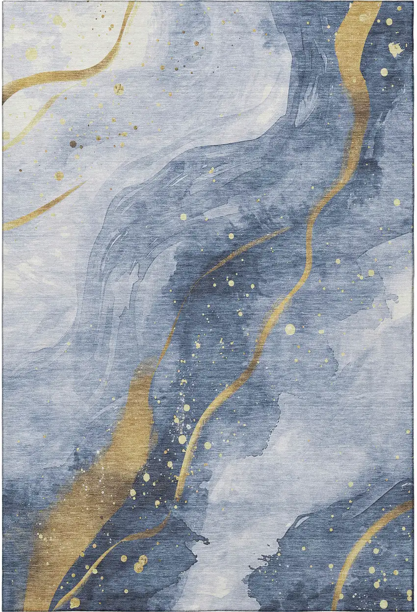 Blue Gold And Ivory Abstract Washable Area Rug With UV Protection Photo 3