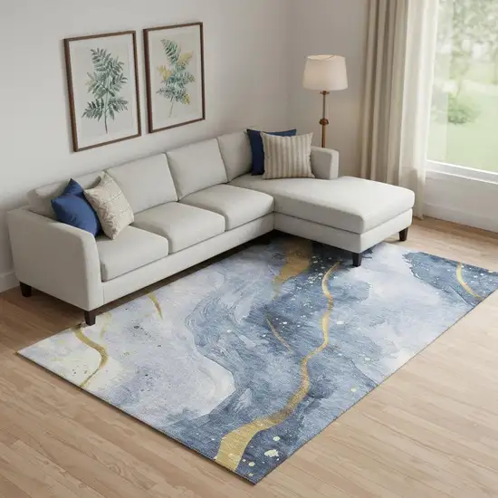 Blue Gold And Ivory Abstract Washable Area Rug With UV Protection Photo 2