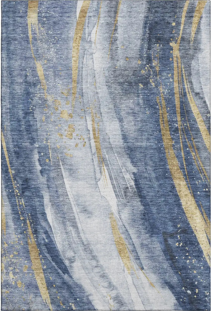 Blue Gold And Ivory Abstract Washable Area Rug With UV Protection Photo 1