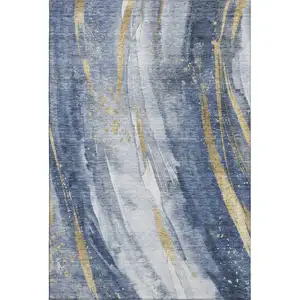 Photo of Blue Gold And Ivory Abstract Washable Area Rug With UV Protection