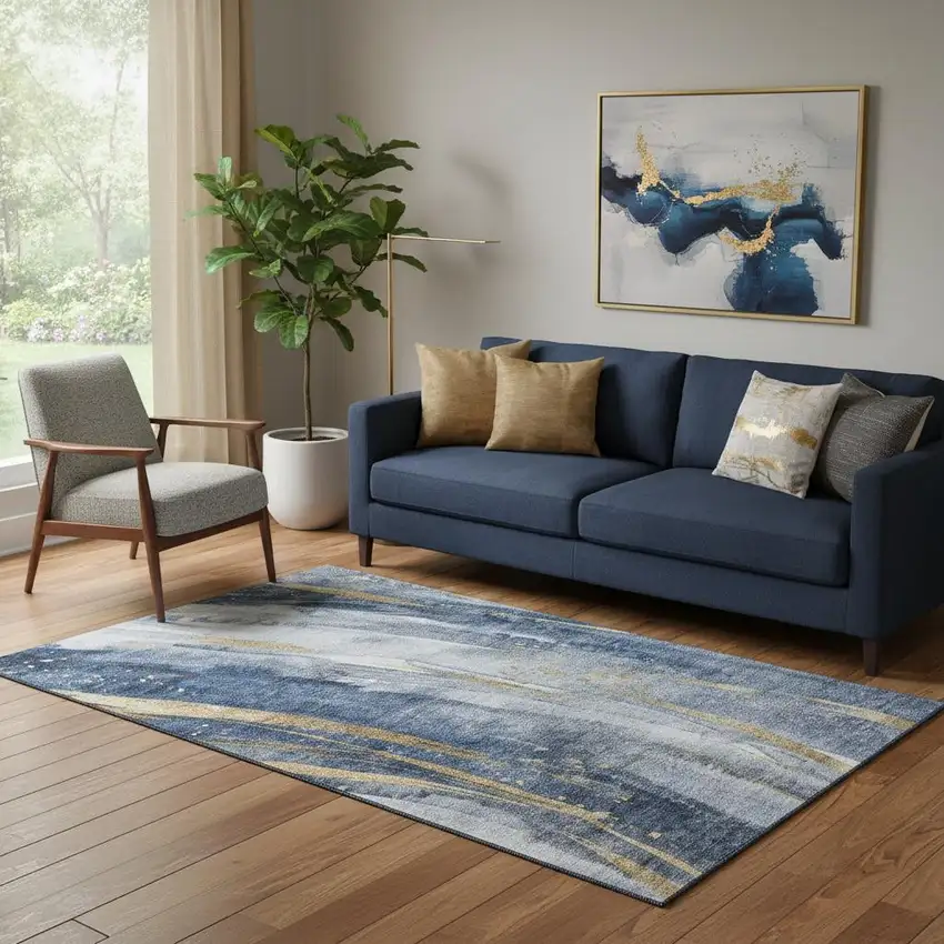 Blue Gold And Ivory Abstract Washable Area Rug With UV Protection Photo 2