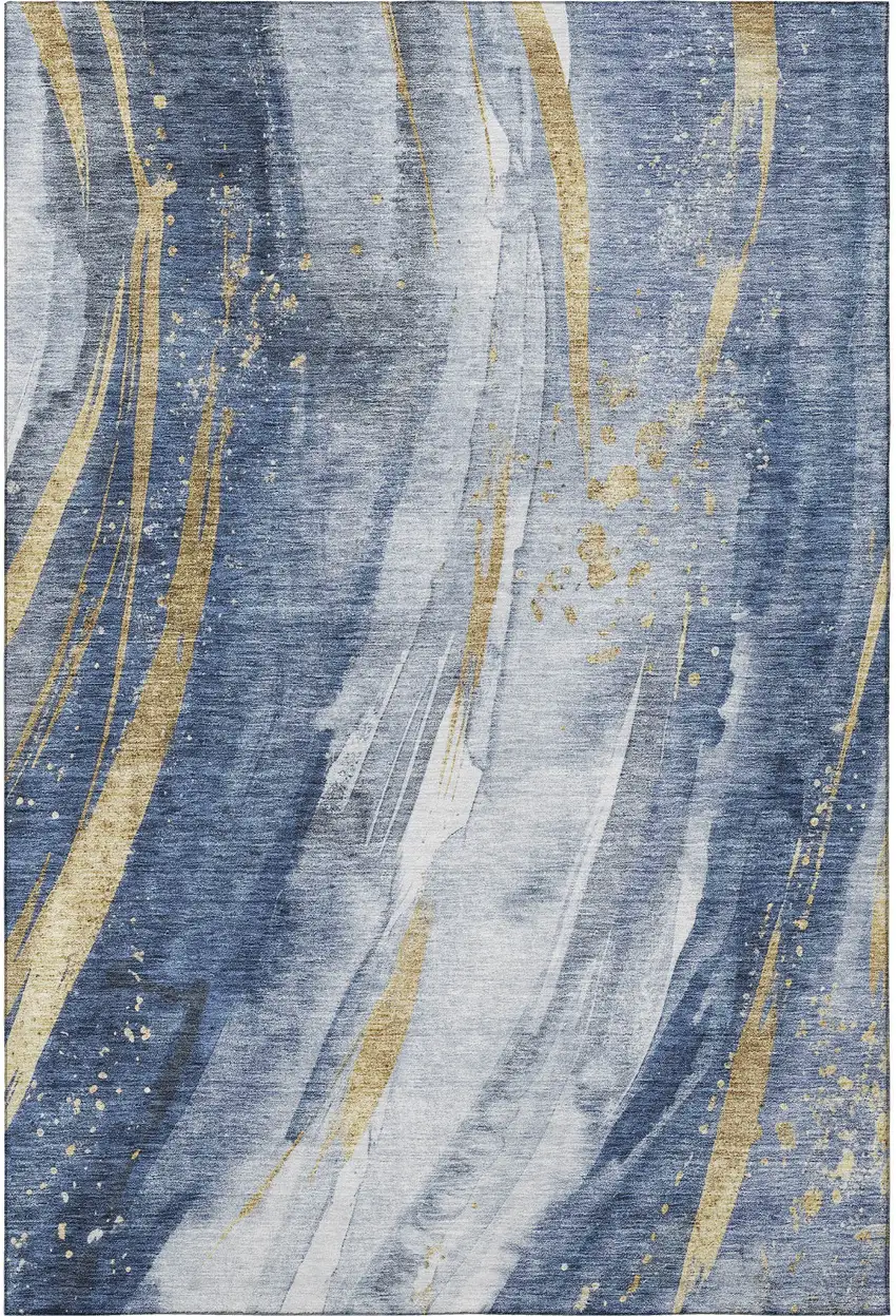Blue Gold And Ivory Abstract Washable Area Rug With UV Protection Photo 3