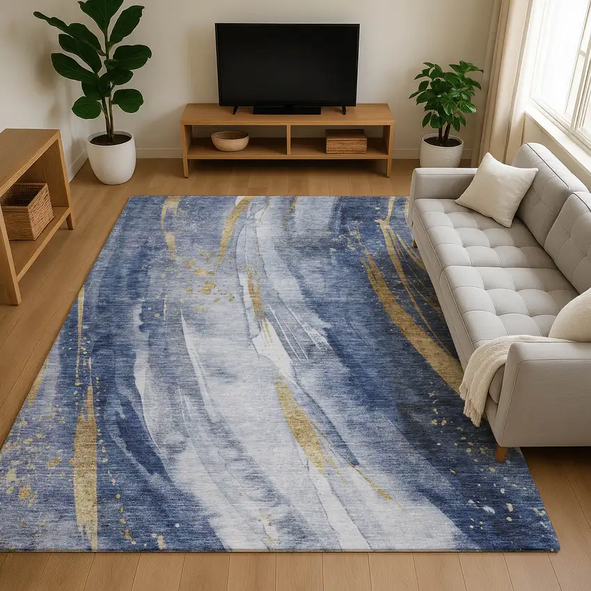 Blue Gold And Ivory Abstract Washable Area Rug With UV Protection Photo 4