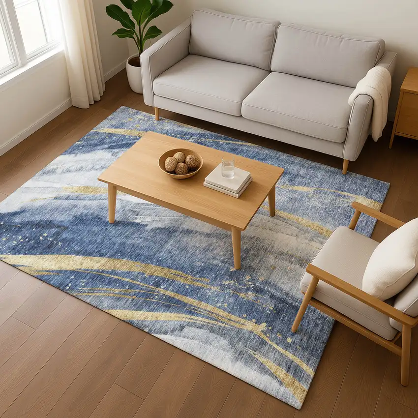 Blue Gold And Ivory Abstract Washable Area Rug With UV Protection Photo 5