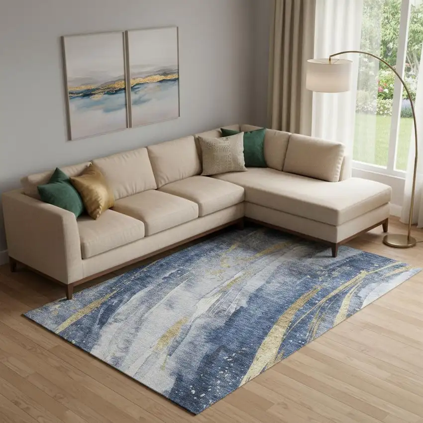 Blue Gold And Ivory Abstract Washable Area Rug With UV Protection Photo 2