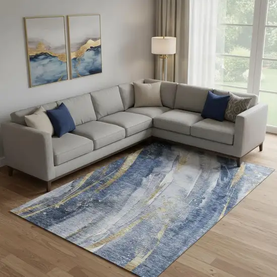 Blue Gold And Ivory Abstract Washable Area Rug With UV Protection Photo 2