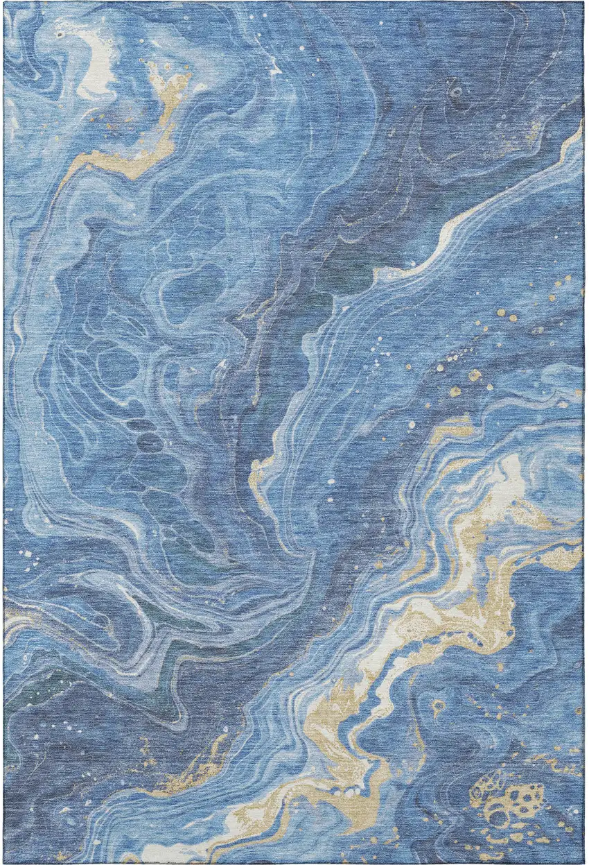 Blue Gold And Ivory Abstract Washable Area Rug With UV Protection Photo 3