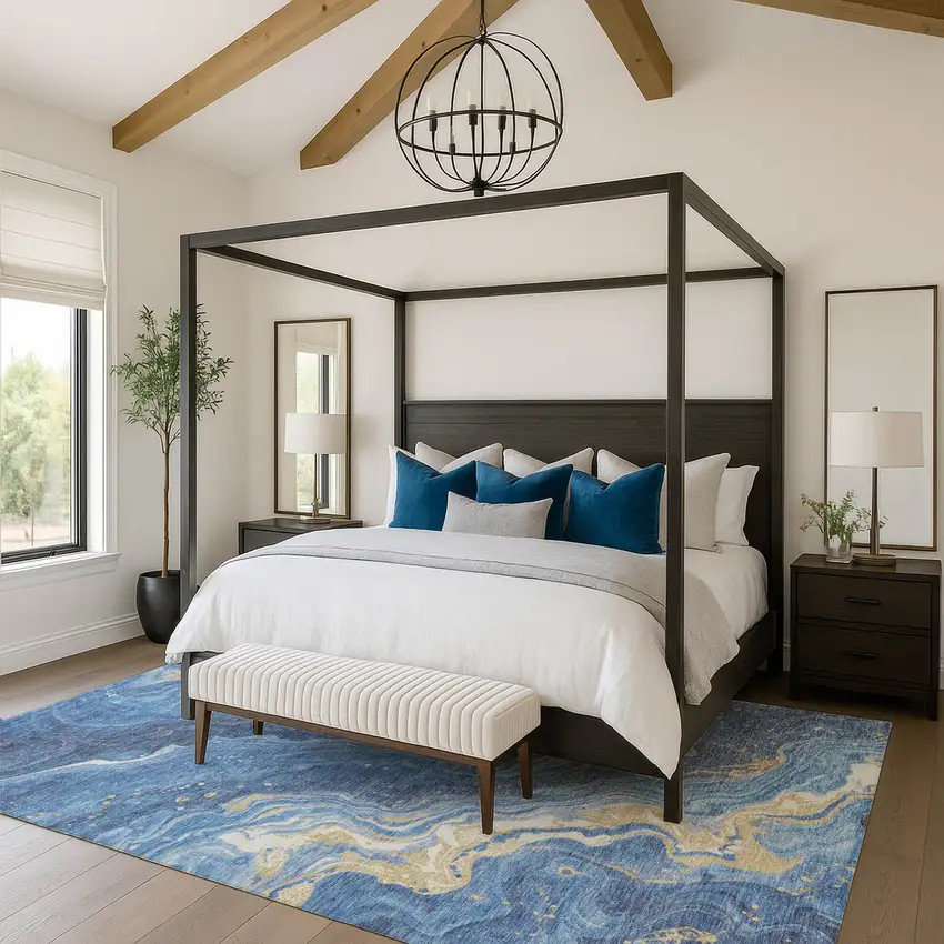 Blue Gold And Ivory Abstract Washable Area Rug With UV Protection Photo 4