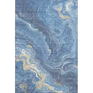 Photo of Blue Gold And Ivory Abstract Washable Area Rug With UV Protection