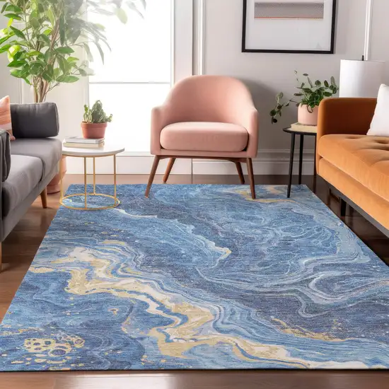 Blue Gold And Ivory Abstract Washable Area Rug With UV Protection Photo 5