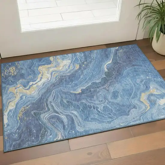 Blue Gold And Ivory Abstract Washable Area Rug With UV Protection Photo 2