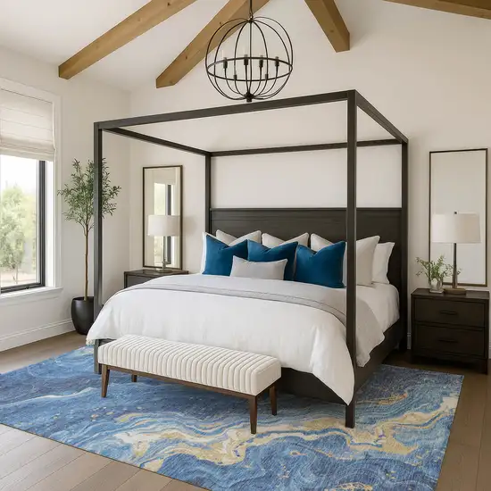 Blue Gold And Ivory Abstract Washable Area Rug With UV Protection Photo 4