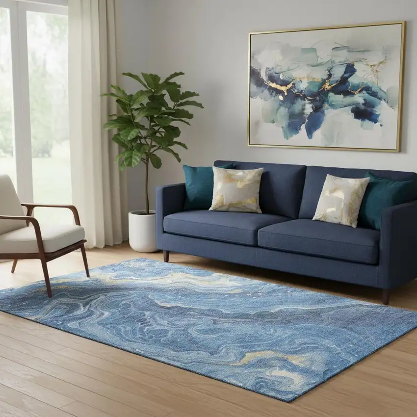 Blue Gold And Ivory Abstract Washable Area Rug With UV Protection Photo 2