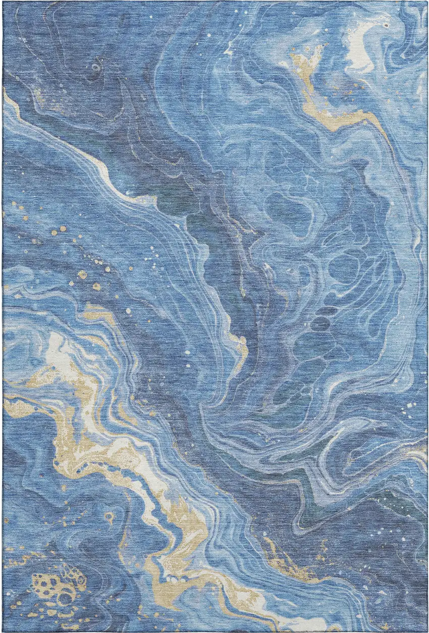 Blue Gold And Ivory Abstract Washable Area Rug With UV Protection Photo 1