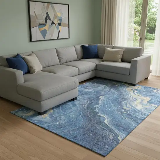 Blue Gold And Ivory Abstract Washable Area Rug With UV Protection Photo 2