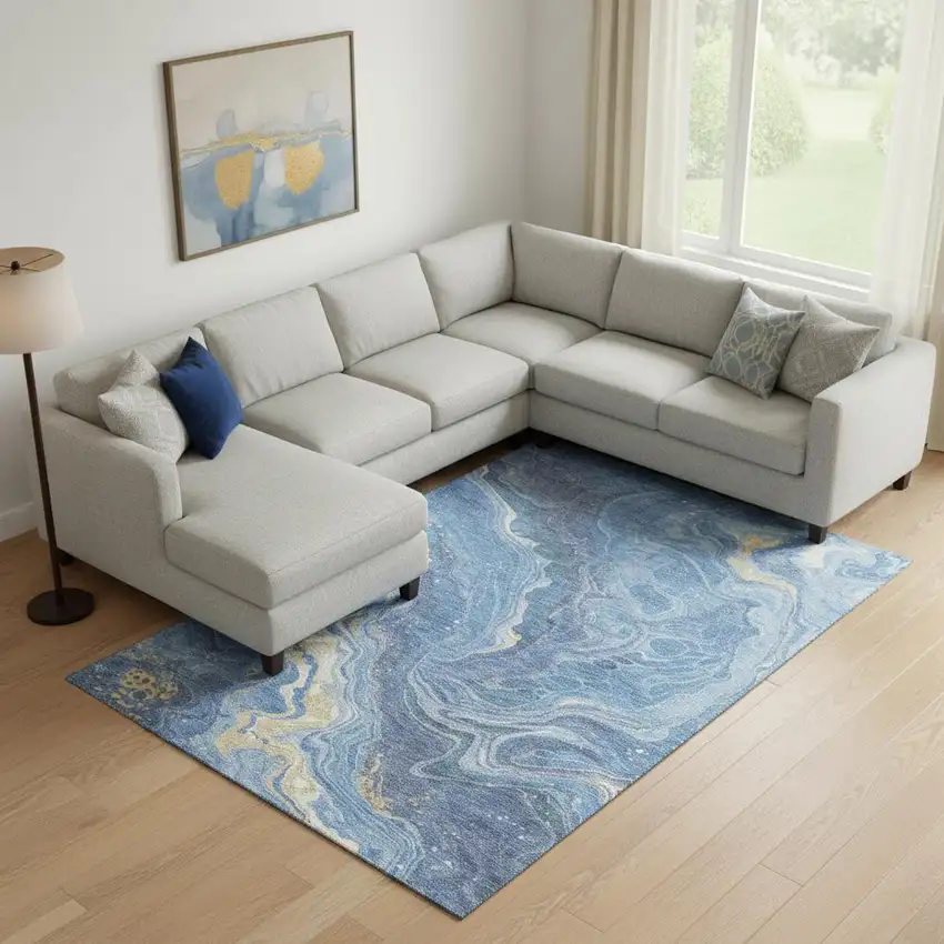 Blue Gold And Ivory Abstract Washable Area Rug With UV Protection Photo 2