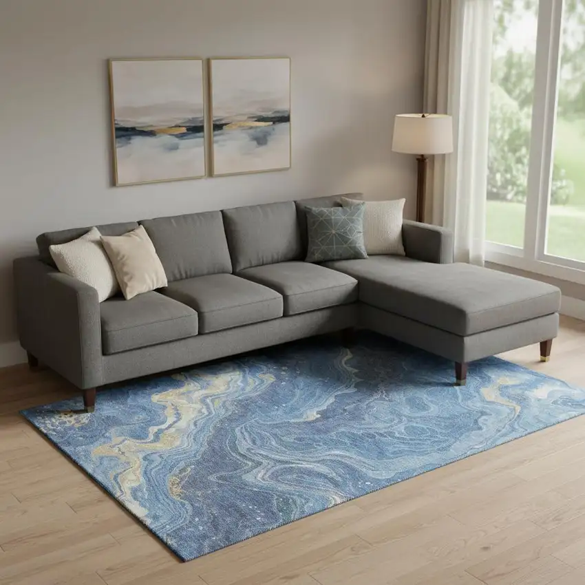 Blue Gold And Ivory Abstract Washable Area Rug With UV Protection Photo 2