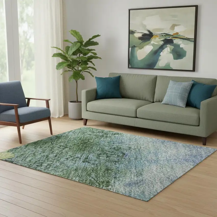 Blue Gold And Ivory Abstract Washable Area Rug With UV Protection Photo 2