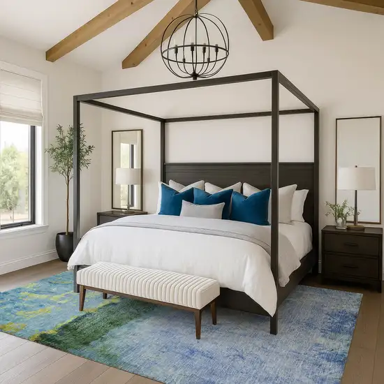 Blue Gold And Ivory Abstract Washable Area Rug With UV Protection Photo 4