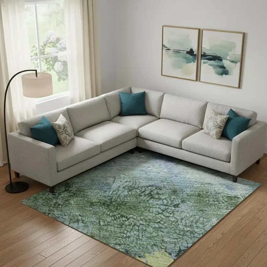 Blue Gold And Ivory Abstract Washable Area Rug With UV Protection Photo 2