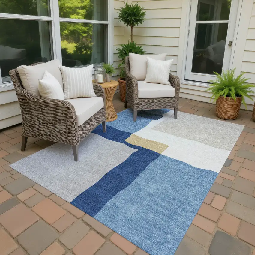 Blue Gold And Ivory Abstract Washable Indoor Outdoor Area Rug Photo 4