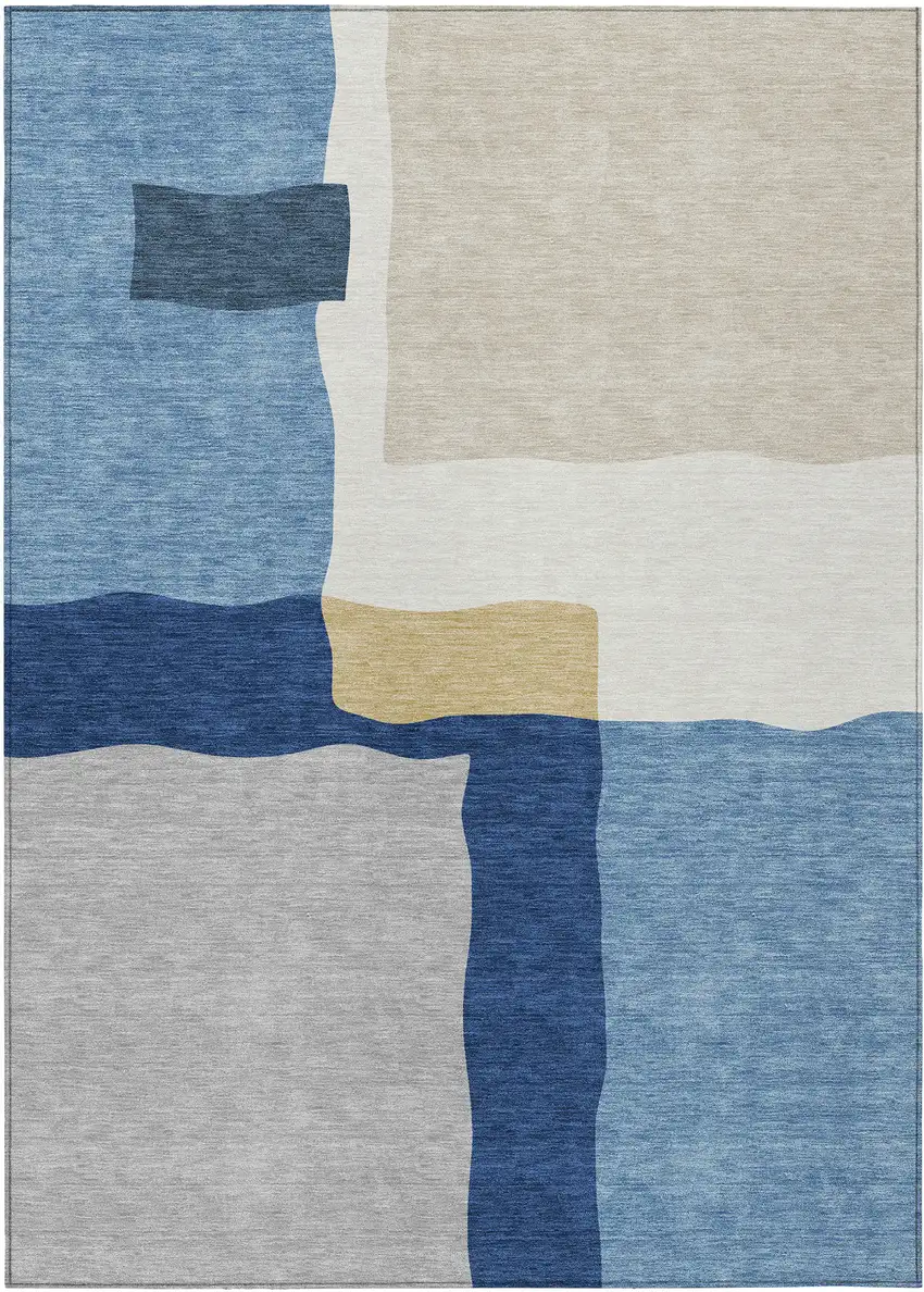 Blue Gold And Ivory Abstract Washable Indoor Outdoor Area Rug Photo 8