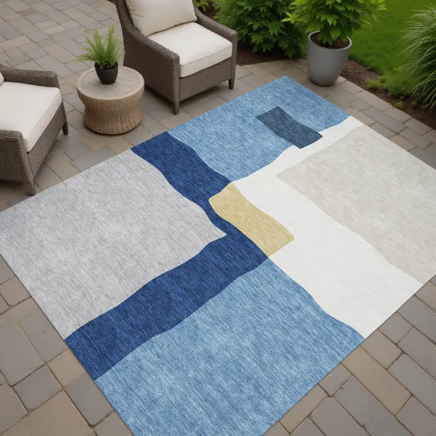 Blue Gold And Ivory Abstract Washable Indoor Outdoor Area Rug Photo 6