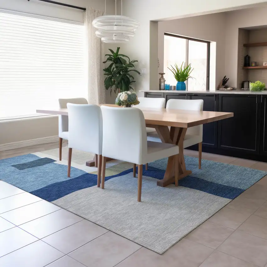 Blue Gold And Ivory Abstract Washable Indoor Outdoor Area Rug Photo 5