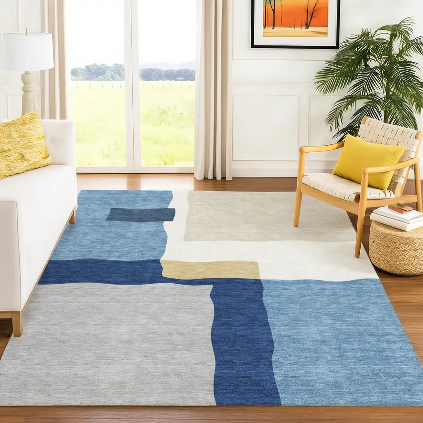 Blue Gold And Ivory Abstract Washable Indoor Outdoor Area Rug Photo 4