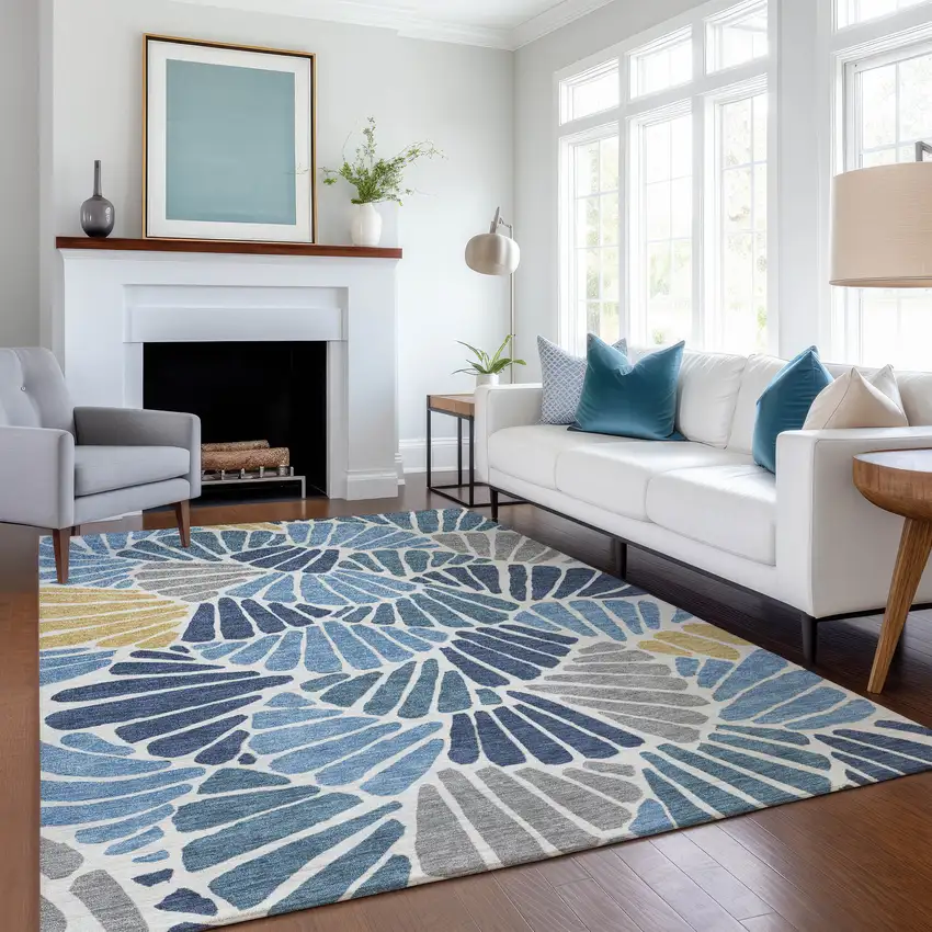 Blue Gold And Ivory Floral Washable Indoor Outdoor Area Rug Photo 6