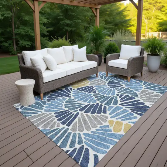 Blue Gold And Ivory Floral Washable Indoor Outdoor Area Rug Photo 7