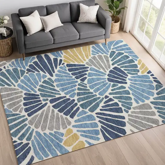 Blue Gold And Ivory Floral Washable Indoor Outdoor Area Rug Photo 5
