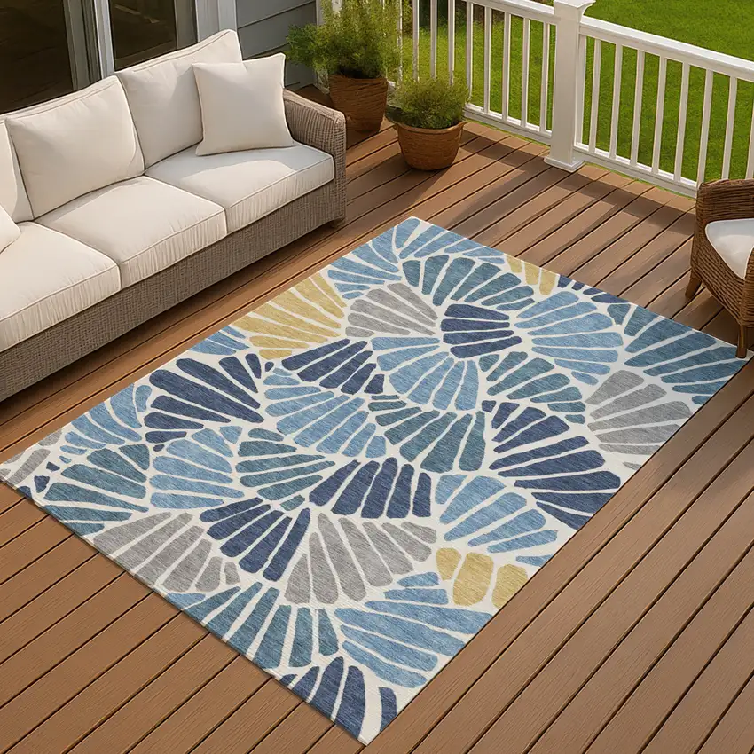 Blue Gold And Ivory Floral Washable Indoor Outdoor Area Rug Photo 4