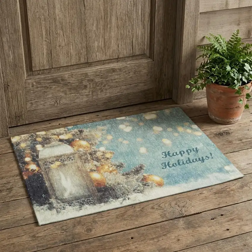 Blue Gold And Ivory Christmas Distressed Washable Area Rug With UV Protection Photo 1