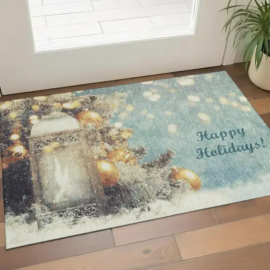 Blue Gold And Ivory Geometric Washable Area Rug With UV Protection Photo 1