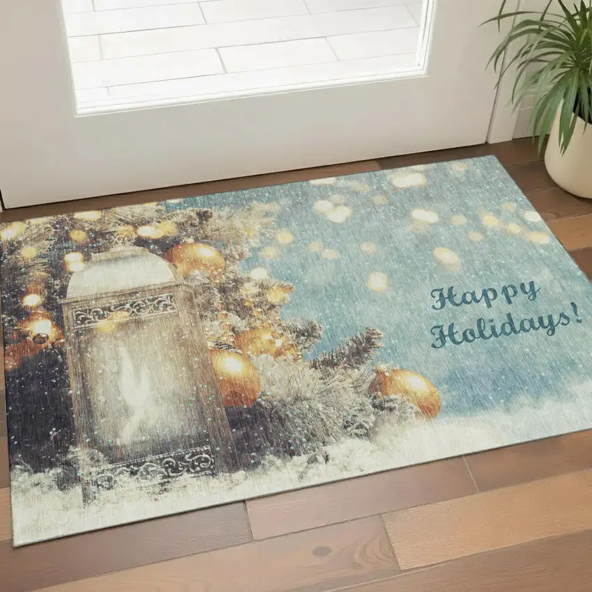 Blue Gold And Ivory Geometric Washable Area Rug With UV Protection Photo 1