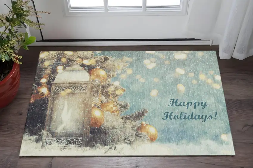 Blue Gold And Ivory Geometric Washable Area Rug With UV Protection Photo 1