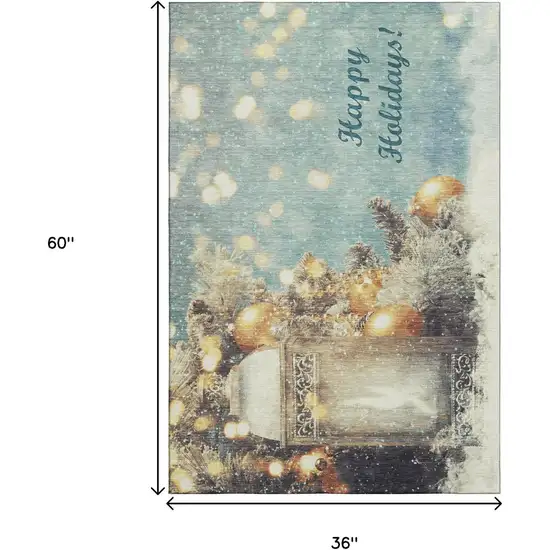 Blue Gold And Ivory Christmas Distressed Washable Area Rug With UV Protection Photo 9