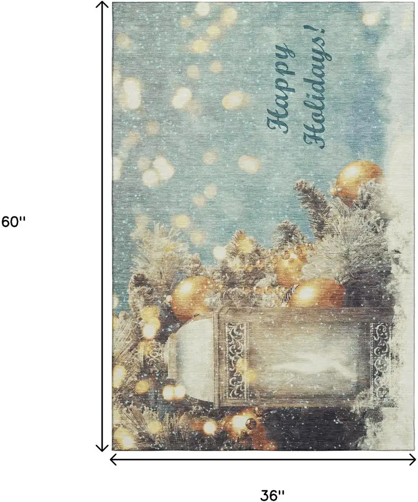 Blue Gold And Ivory Christmas Distressed Washable Area Rug With UV Protection Photo 9