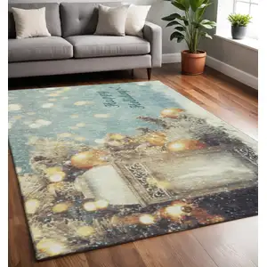 Photo of Blue Gold And Ivory Geometric Washable Area Rug With UV Protection