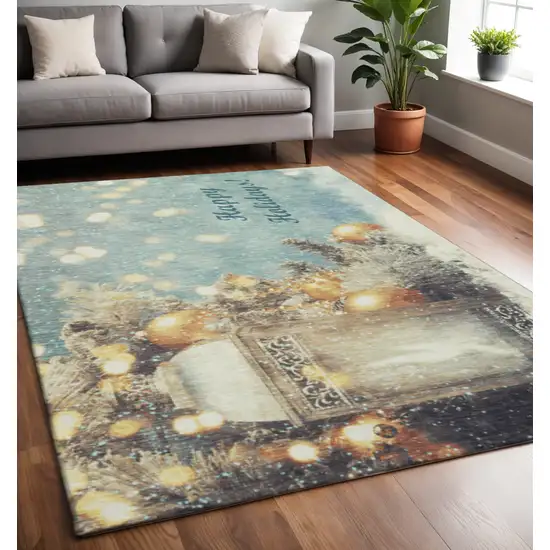 Blue Gold And Ivory Geometric Washable Area Rug With UV Protection Photo 1