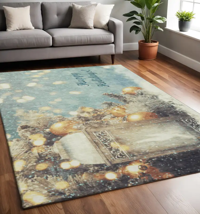 Blue Gold And Ivory Geometric Washable Area Rug With UV Protection Photo 1