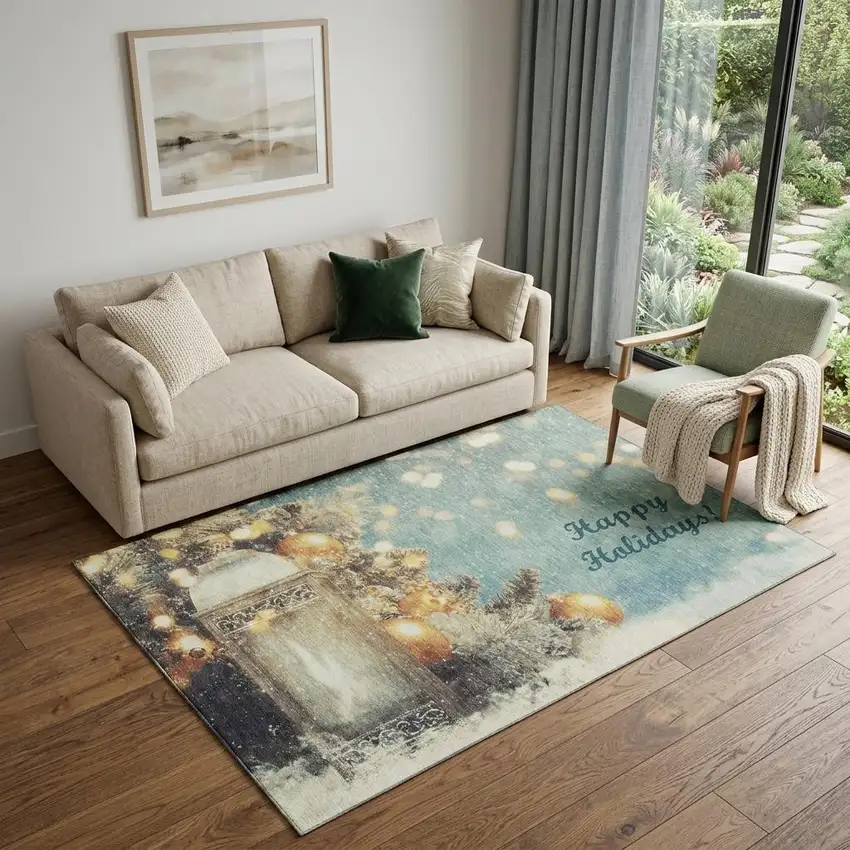 Blue Gold And Ivory Christmas Distressed Washable Area Rug With UV Protection Photo 1