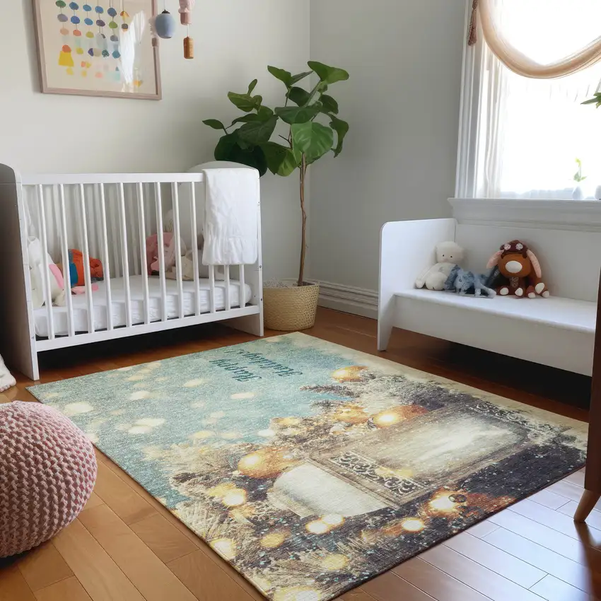 Blue Gold And Ivory Geometric Washable Area Rug With UV Protection Photo 6